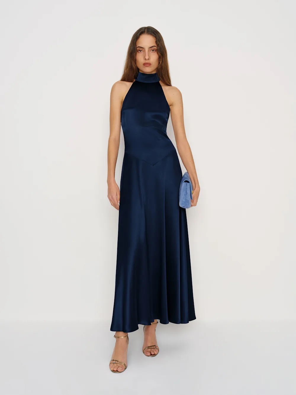 Reformation Katelyn silk halter dress navy blue  maxi formal wedding guest NWT 4